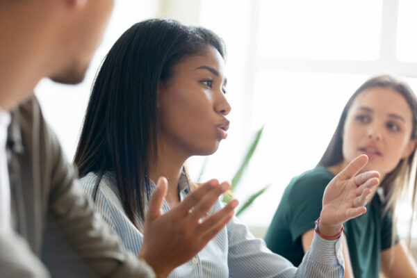 Serious,Mixed,Race,Black,Student,Girl,,Intern,Speaking,At,Learning